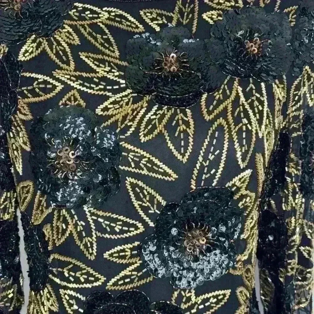 Vintage 1980s Morgan Taylor Evening 100% Silk Black Gold Beaded Sequins Dress - Picture 6 of 10